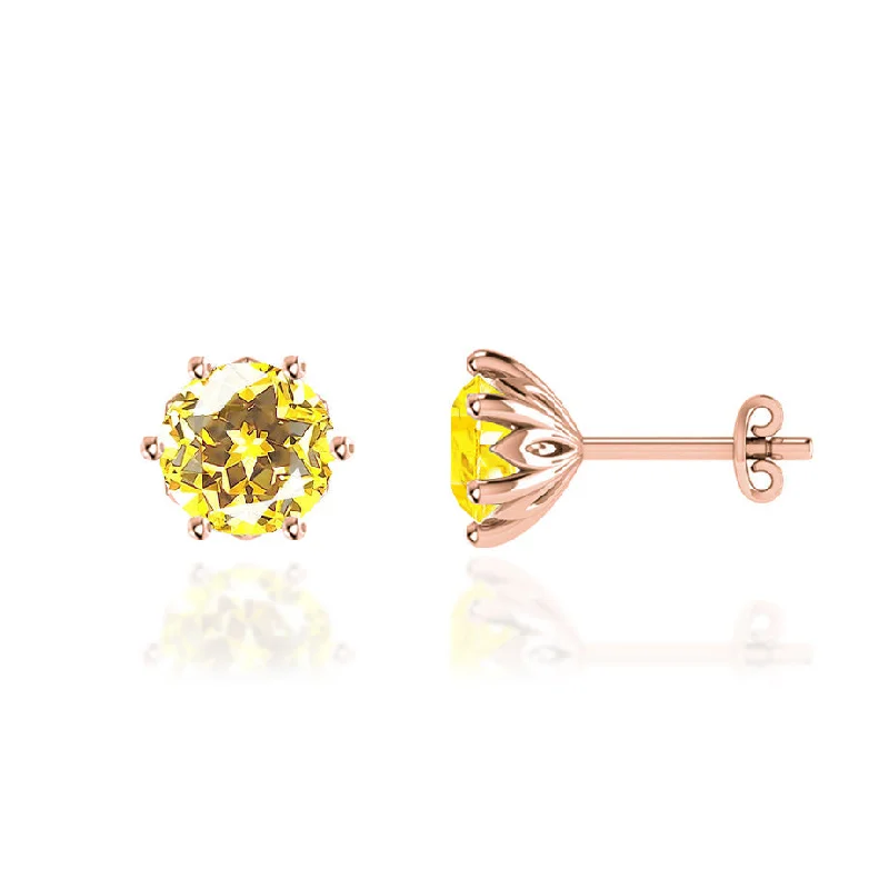 Diamond Stud Earrings for Luxury -ELOISE - Round Yellow Sapphire 18k Rose Gold Lotus Leaf Stud Earrings