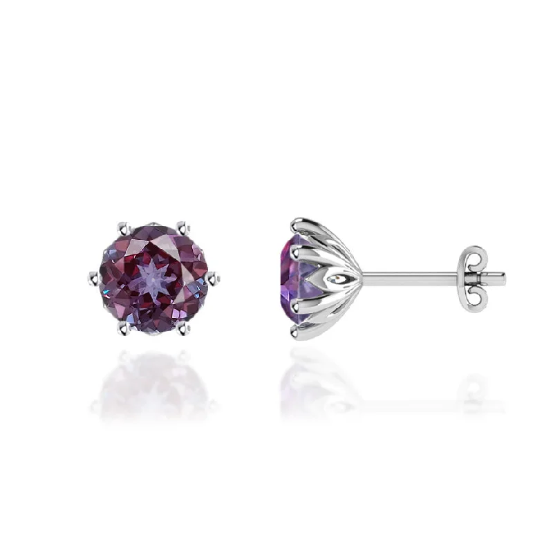 Stud Earrings with Keyhole Designs -ELOISE - Round Alexandrite 18k White Gold Lotus Leaf Stud Earrings