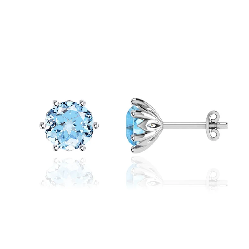 Stud Earrings with Vine Designs -ELOISE - Round Aqua Spinel 18k White Gold Lotus Leaf Stud Earrings