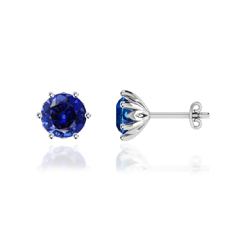 Stud Earrings for Fitness Activities -ELOISE - Round Blue Sapphire 18k White Gold Lotus Leaf Stud Earrings