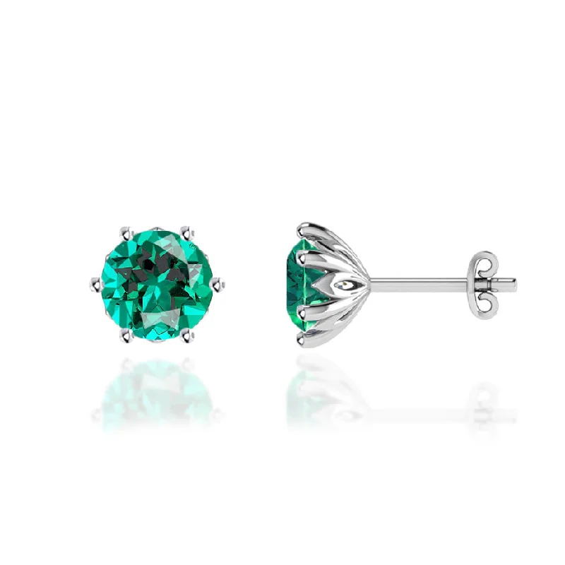 Stud Earrings with Infinity Symbols -ELOISE - Round Emerald 18k White Gold Lotus Leaf Stud Earrings