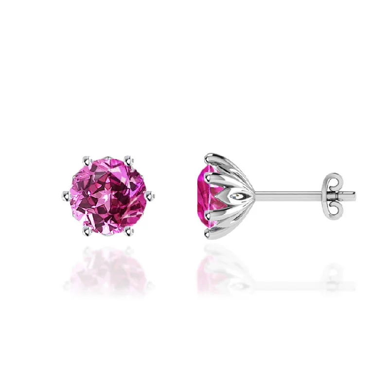 Stud Earrings with Abstract Designs -ELOISE - Round Pink Sapphire 18k White Gold Lotus Leaf Stud Earrings