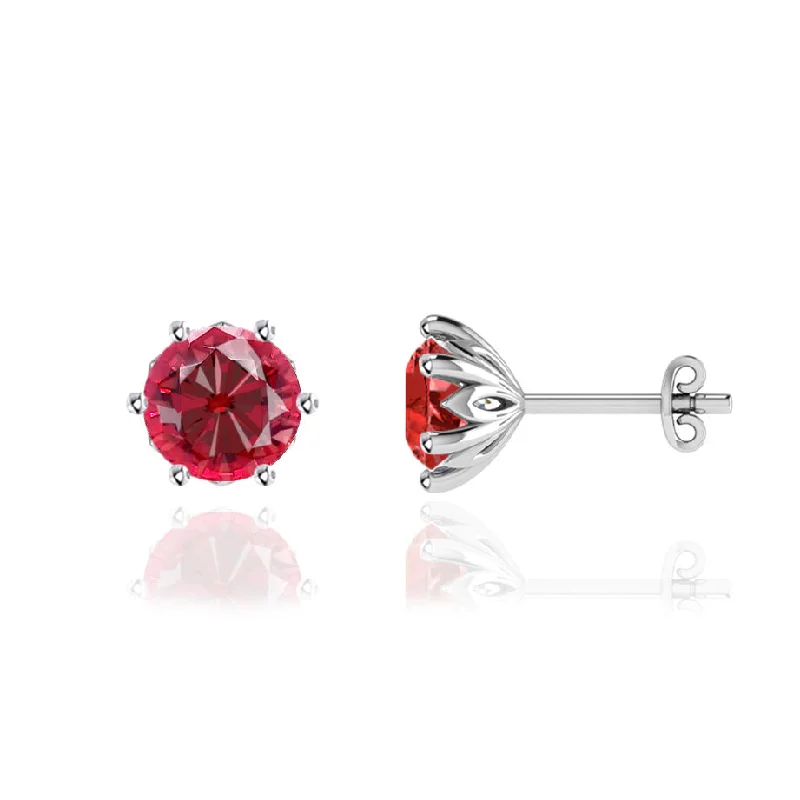 Stud Earrings with Leaf Motifs -ELOISE - Round Ruby 18k White Gold Lotus Leaf Stud Earrings