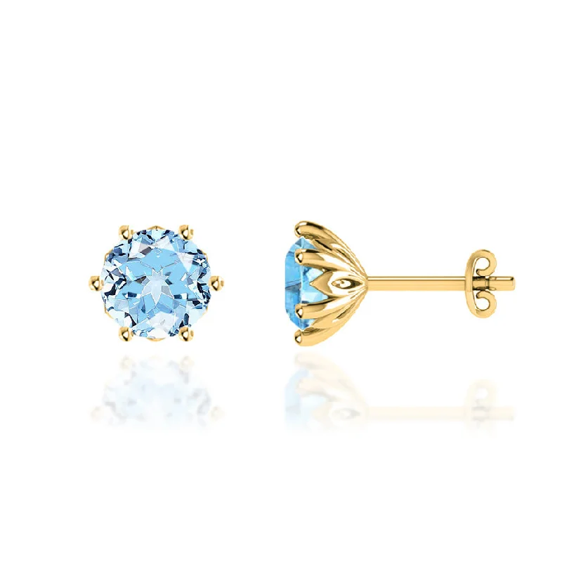 Stud Earrings with Animal Motifs -ELOISE - Round Aqua Spinel 18k Yellow Gold Lotus Leaf Stud Earrings