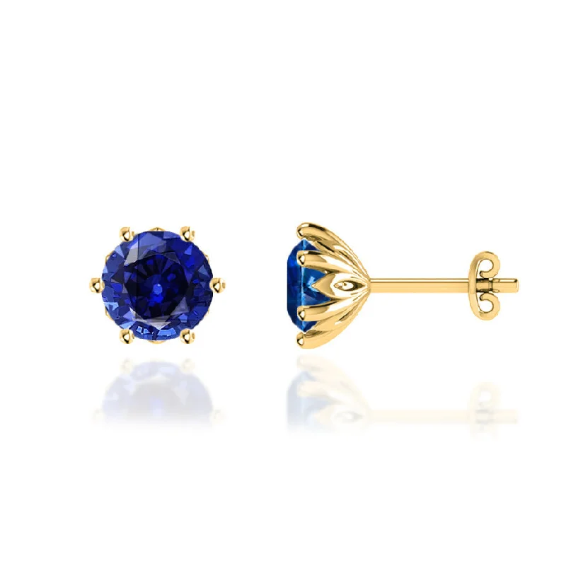 Stud Earrings for School Uniform -ELOISE - Round Blue Sapphire 18k Yellow Gold Lotus Leaf Stud Earrings