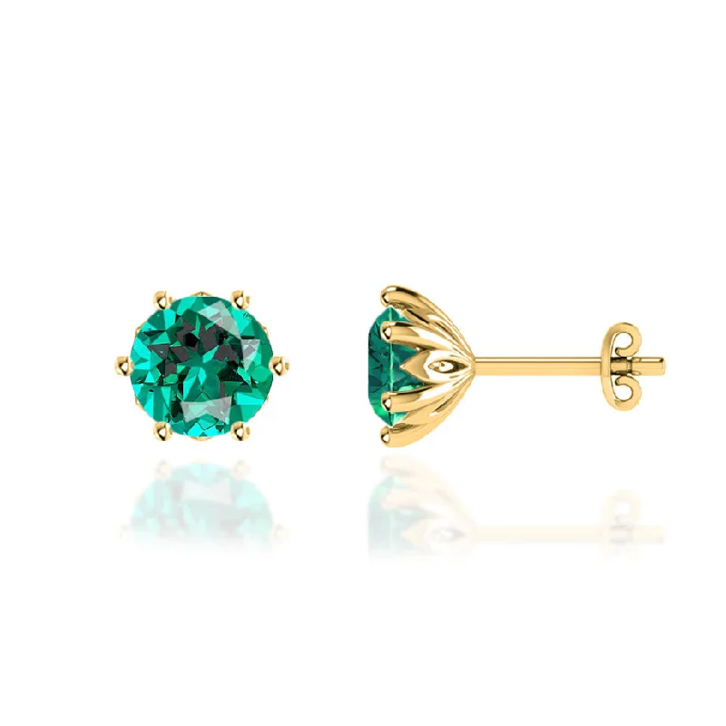 Stud Earrings with Floral Motifs -ELOISE - Round Emerald 18k Yellow Gold Lotus Leaf Stud Earrings