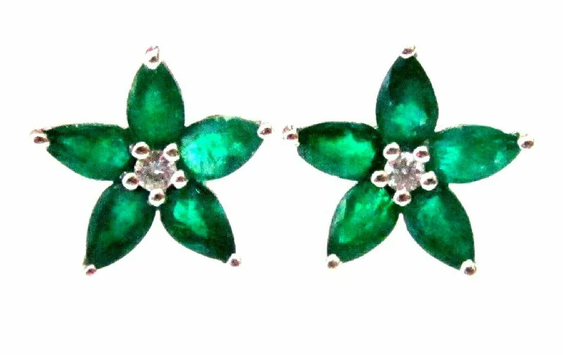 Contemporary Stud Earrings for Fashion -FINE 2.02 TCW Flower Marquise Emerald Gem & Diamond Stud Earrings 14k WG