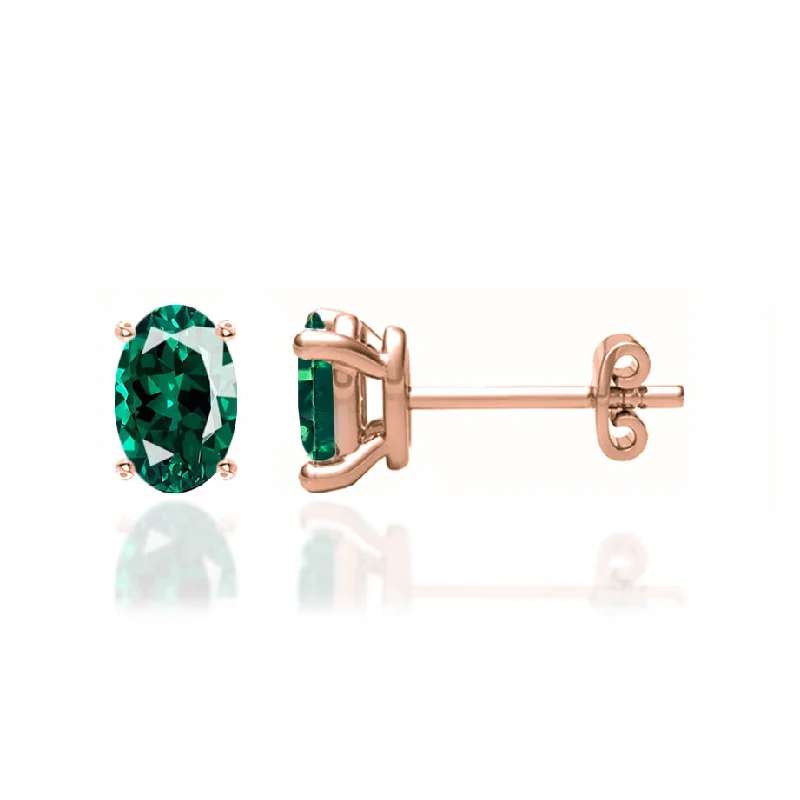 Stud Earrings with Leaf Motifs -SAVANNAH - Oval Emerald 18k Rose Gold Stud Earrings