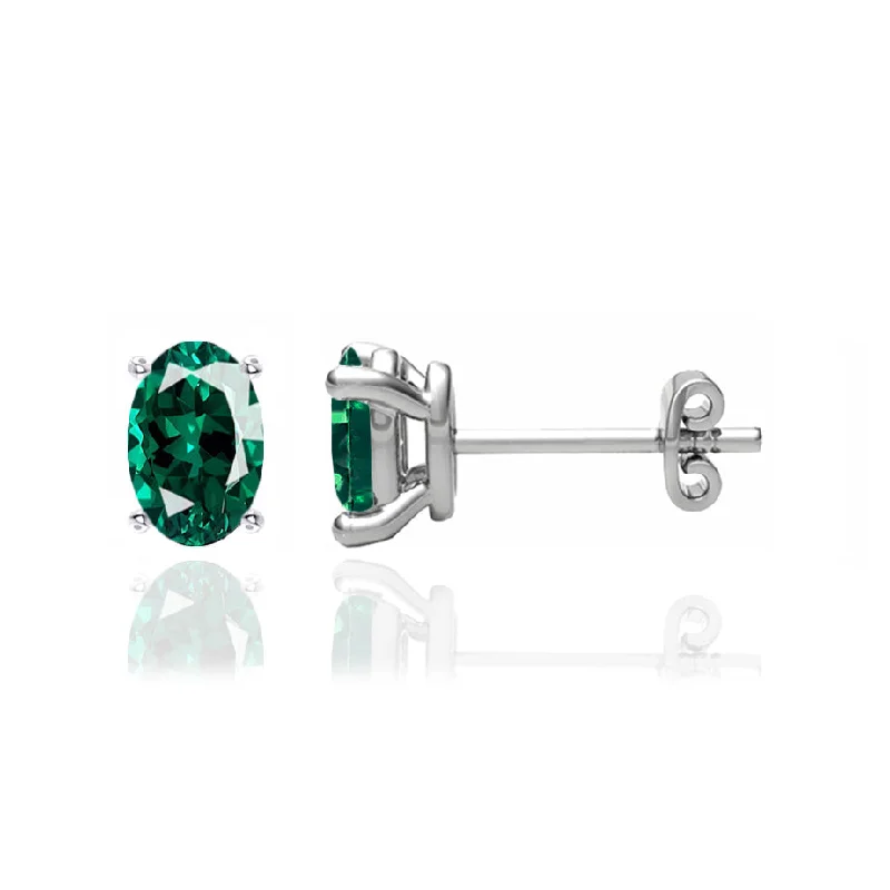 Stud Earrings for School Uniform -SAVANNAH - Oval Emerald 18k White Gold Stud Earrings