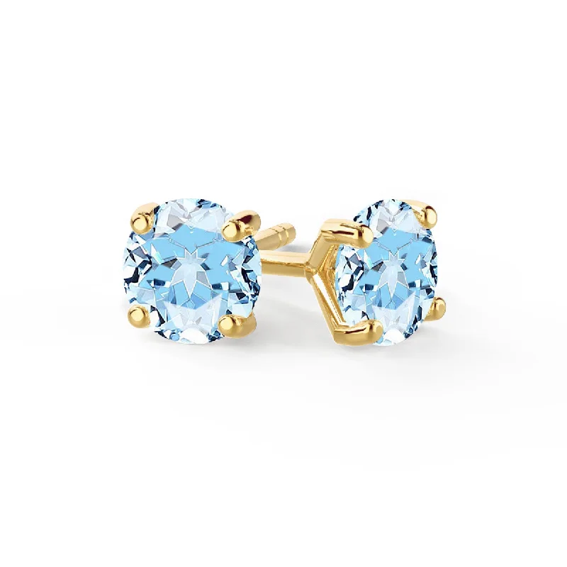 Vintage Stud Earrings with Patina -SENA - Round Aqua Spinel 18k Yellow Gold Stud Earrings