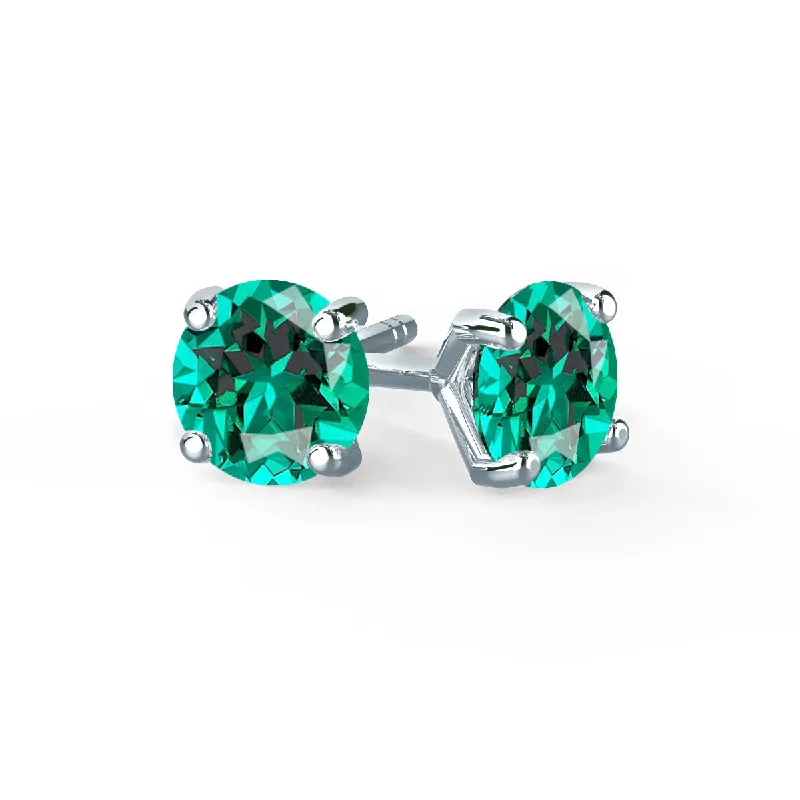 Floral Stud Earrings with Petals -SENA - Round Emerald 18k White Gold Stud Earrings