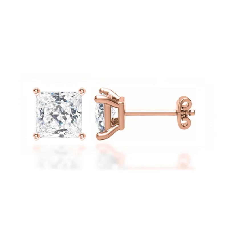 Stud Earrings for Evening Gown -TRINITY - Princess Lab Diamond 18k Rose Gold Stud Earrings