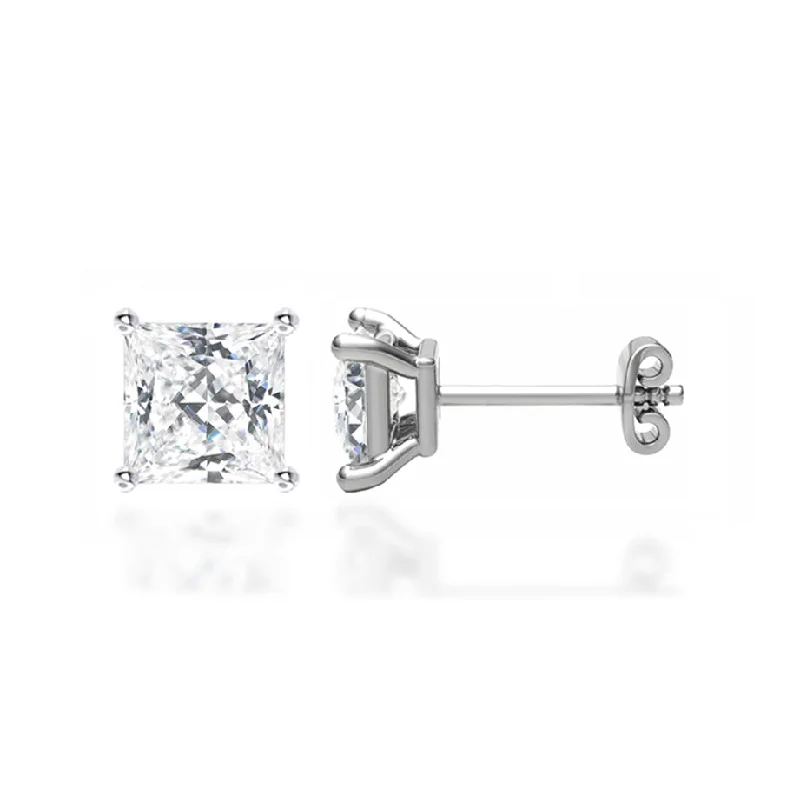 Lightweight Stud Earrings for All Day -TRINITY - Princess Lab Diamond 18k White Gold Stud Earrings