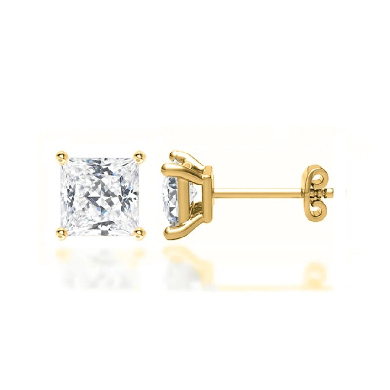 Clip On Stud Earrings for Non Pierced -TRINITY - Princess Lab Diamond 18k Yellow Gold Stud Earrings