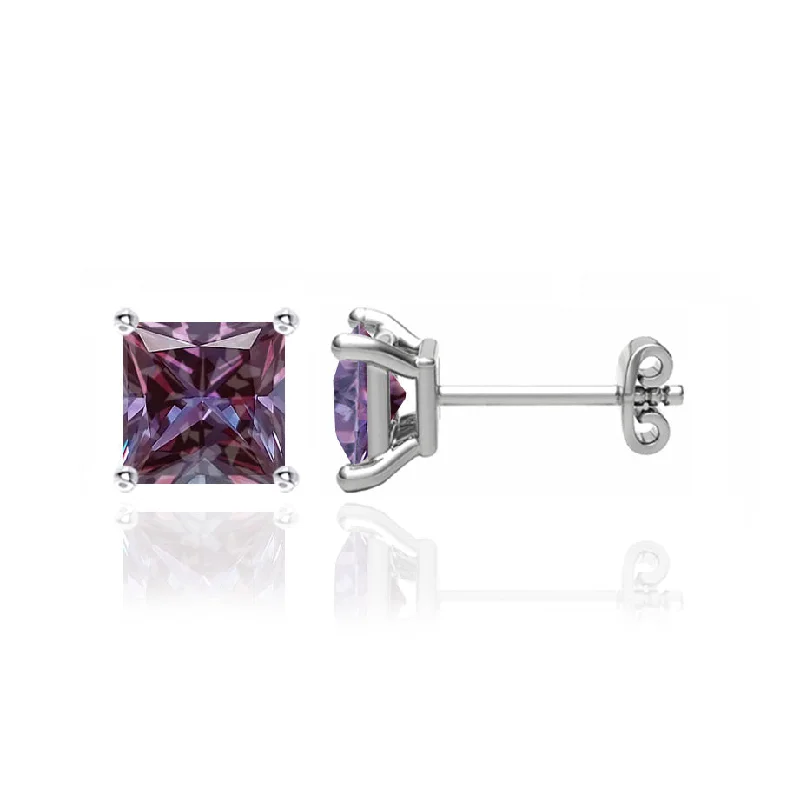 Stud Earrings with Embossed Patterns -TRINITY - Princess Alexandrite 18k White Gold Stud Earrings