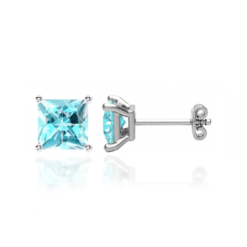 Stud Earrings for Wedding Ceremony -TRINITY - Princess Aqua Spinel 18k White Gold Stud Earrings