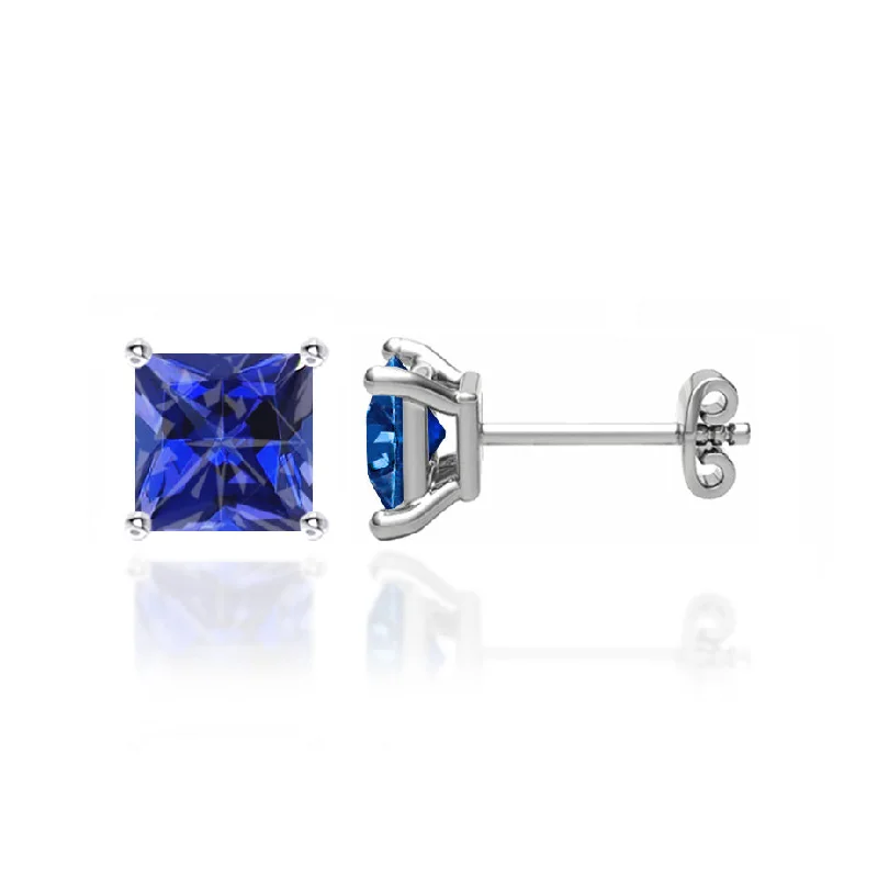 Stud Earrings with Gemstones and Beads -TRINITY - Princess Blue Sapphire 18k White Gold Stud Earrings