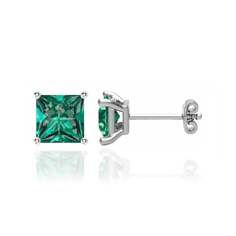 Stud Earrings with Matte Finish -TRINITY - Princess Emerald 18k White Gold Stud Earrings