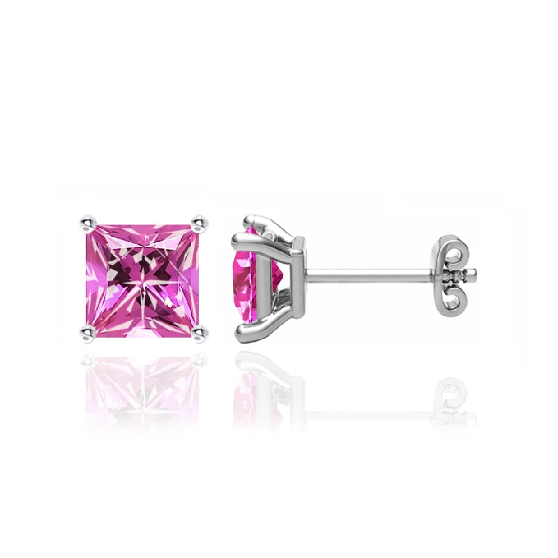 Stud Earrings with Enamel -TRINITY - Princess Pink Sapphire 18k White Gold Stud Earrings