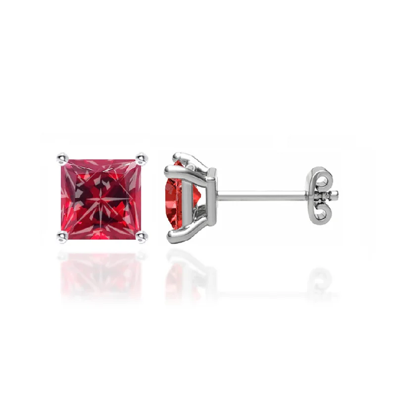 Stud Earrings with Polished Shine -TRINITY - Princess Ruby 18k White Gold Stud Earrings