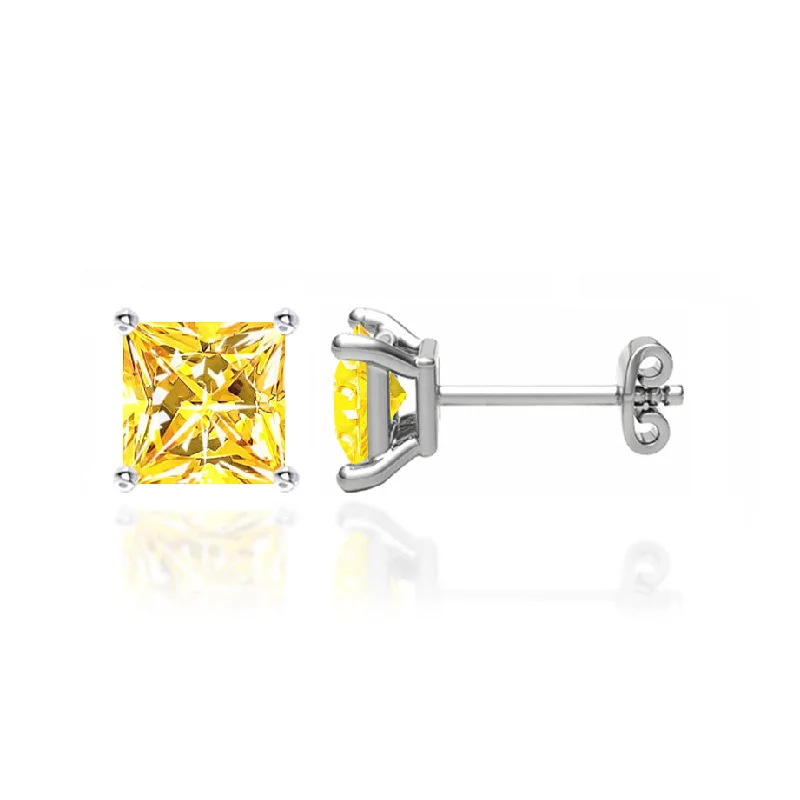 Stud Earrings with Filigree -TRINITY - Princess Yellow Sapphire 18k White Gold Stud Earrings