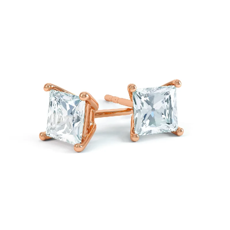 Stud Earrings for Festival Style -VALENTIA - Princess Lab Diamond 18k Rose Gold Stud Earrings