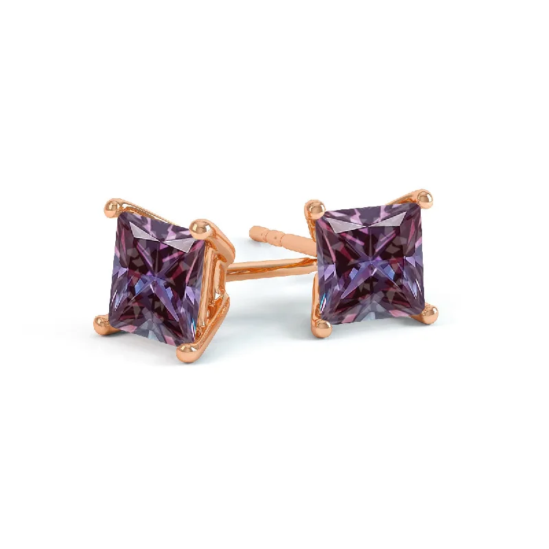 Gold Stud Earrings for Women -VALENTIA - Princess Alexandrite 18k Rose Gold Stud Earrings