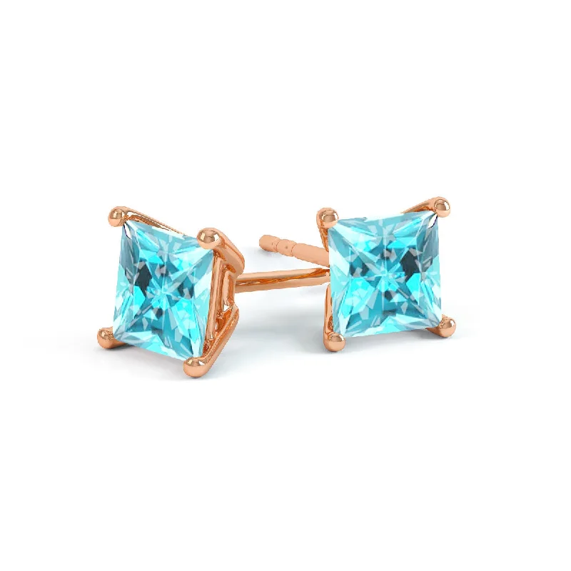 Silver Stud Earrings for Men -VALENTIA - Princess Aqua Spinel 18k Rose Gold Stud Earrings