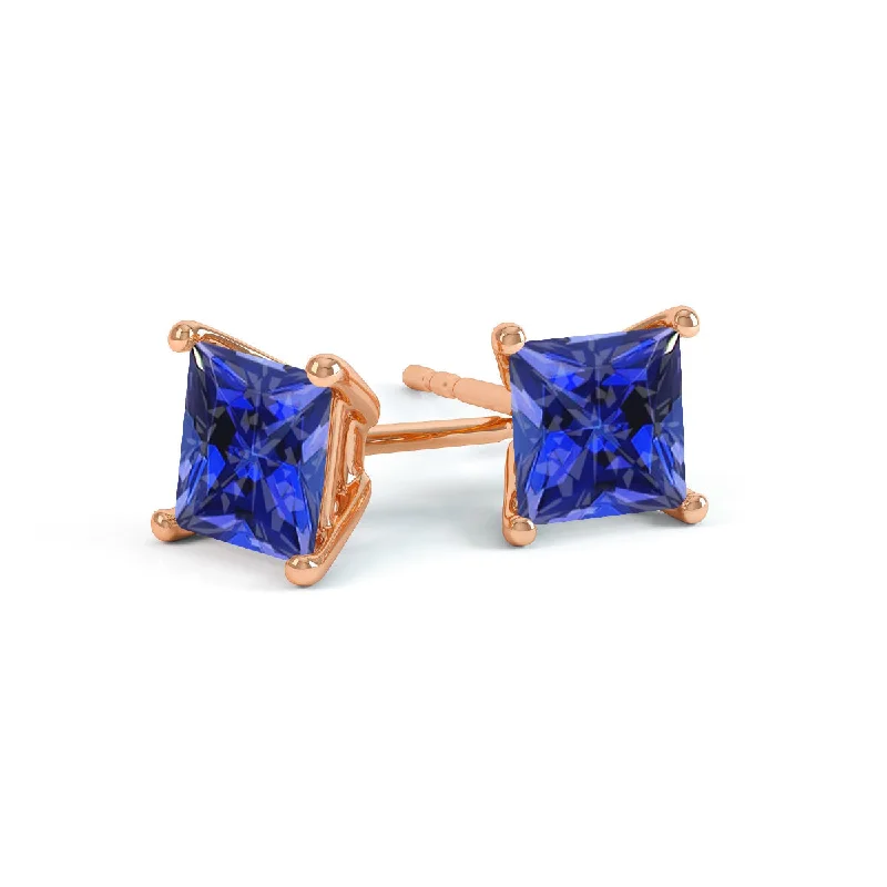 Stud Earrings with Infinity Symbols -VALENTIA - Princess Blue Sapphire 18k Rose Gold Stud Earrings