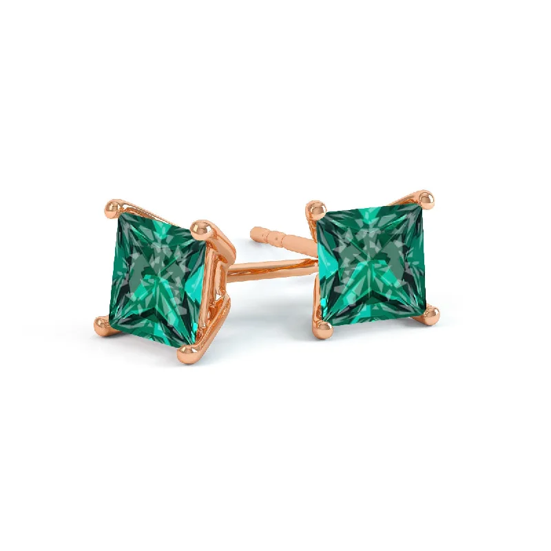 Diamond Stud Earrings for Luxury -VALENTIA - Princess Emerald 18k Rose Gold Stud Earrings