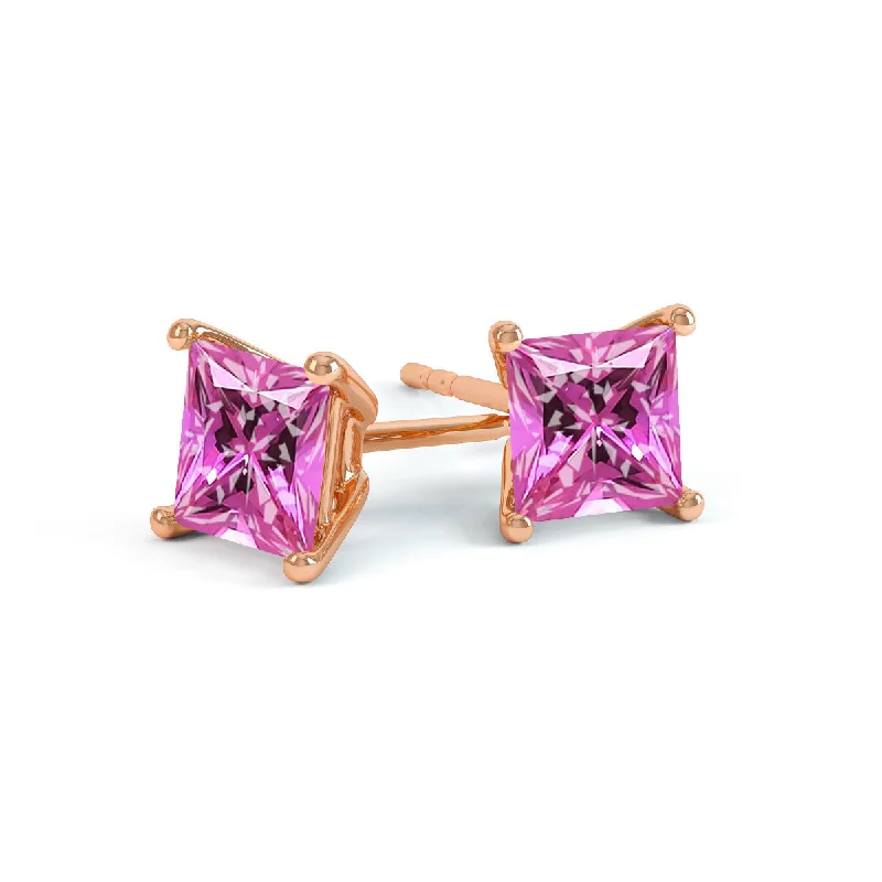 Stud Earrings with Keyhole Designs -VALENTIA - Princess Pink Sapphire 18k Rose Gold Stud Earrings