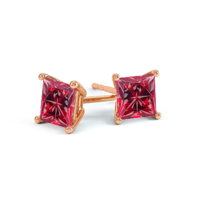 Stud Earrings with Chevron Designs -VALENTIA - Princess Ruby 18k Rose Gold Stud Earrings