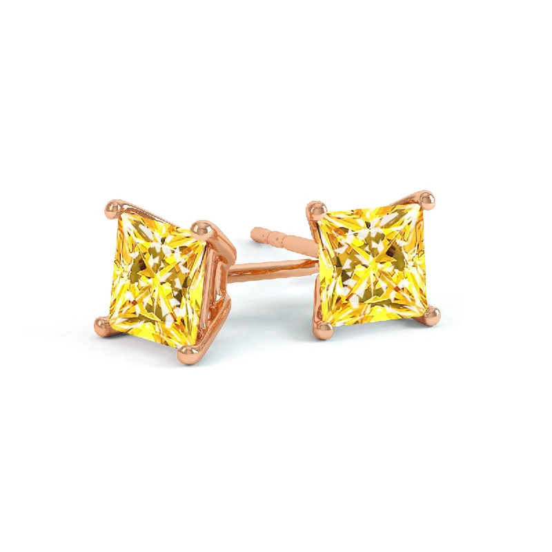 Stud Earrings with Wave Designs -VALENTIA - Princess Yellow Sapphire 18k Rose Gold Stud Earrings