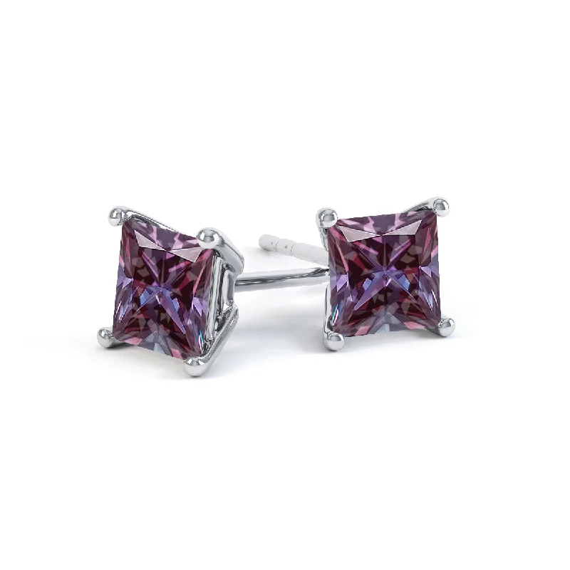 Gemstone Stud Earrings for Color -VALENTIA - Princess Alexandrite 18k White Gold Stud Earrings