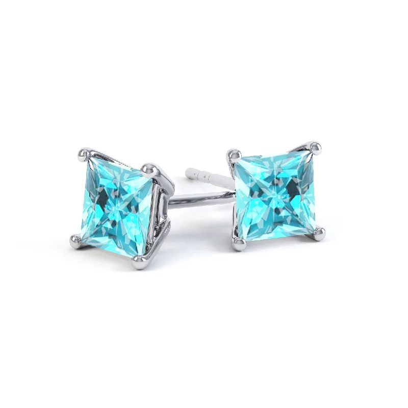 Small Stud Earrings for Delicate -VALENTIA - Princess Aqua Spinel 18k White Gold Stud Earrings