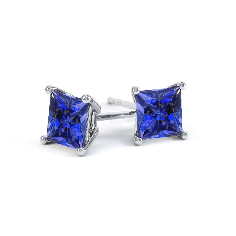 Stud Earrings with Symbolic Elements -VALENTIA - Princess Blue Sapphire 18k White Gold Stud Earrings