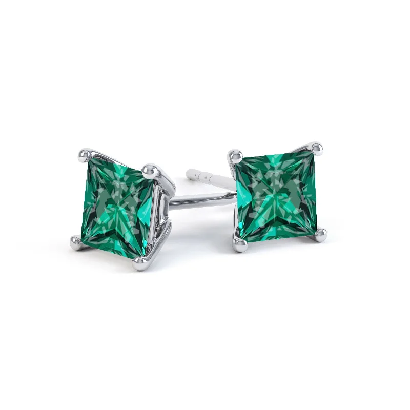 Gold Stud Earrings for Women -VALENTIA - Princess Emerald 18k White Gold Stud Earrings