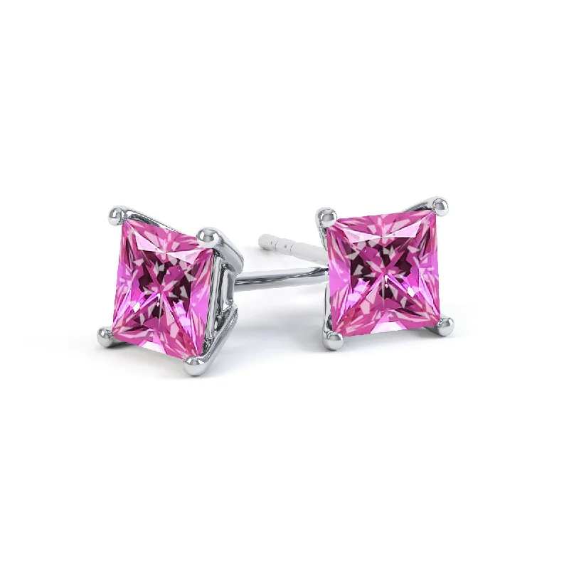 Stud Earrings with Animal Motifs -VALENTIA - Princess Pink Sapphire 18k White Gold Stud Earrings