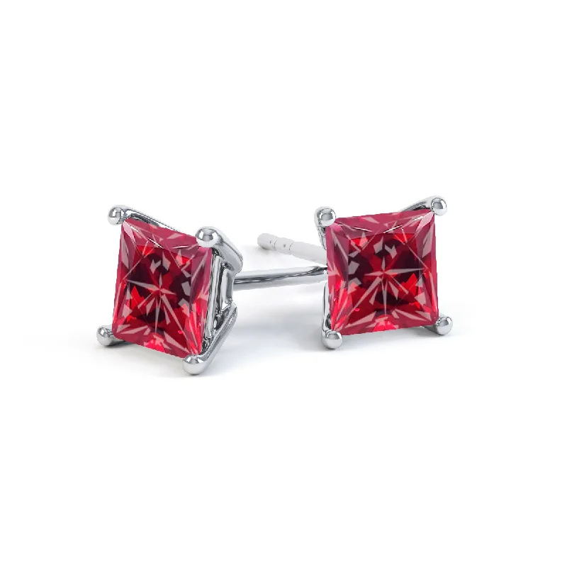 Stud Earrings with Knot Designs -VALENTIA - Princess Ruby 18k White Gold Stud Earrings