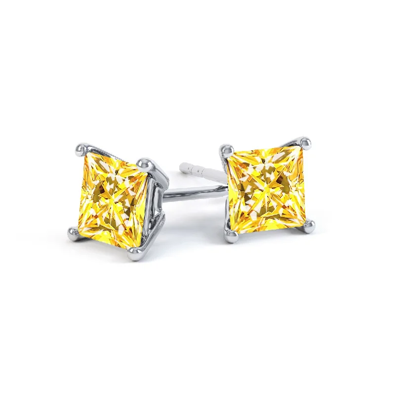 Stud Earrings with Vine Designs -VALENTIA - Princess Yellow Sapphire 18k White Gold Stud Earrings