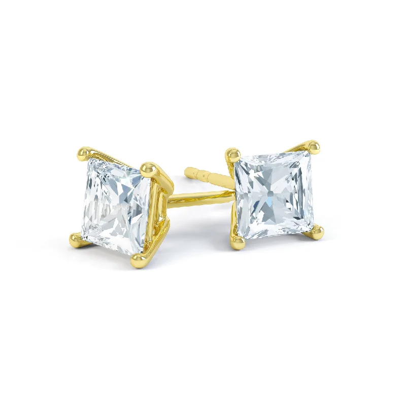 Triple Stud Earrings for Layered -VALENTIA - Princess Lab Diamond 18k Yellow Gold Stud Earrings