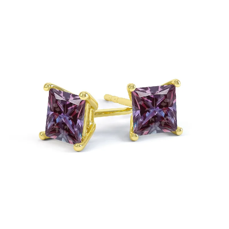 Small Stud Earrings for Delicate -VALENTIA - Princess Alexandrite 18k Yellow Gold Stud Earrings