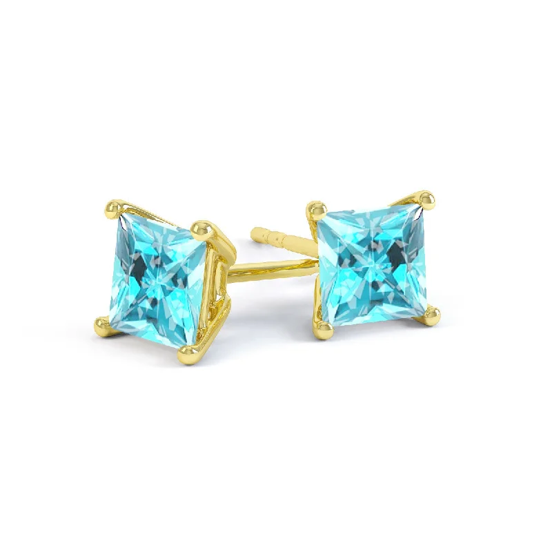 Large Stud Earrings for Statement -VALENTIA - Princess Aqua Spinel 18k Yellow Gold Stud Earrings