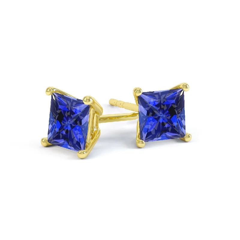 Stud Earrings with Chevron Designs -VALENTIA - Princess Blue Sapphire 18k Yellow Gold Stud Earrings