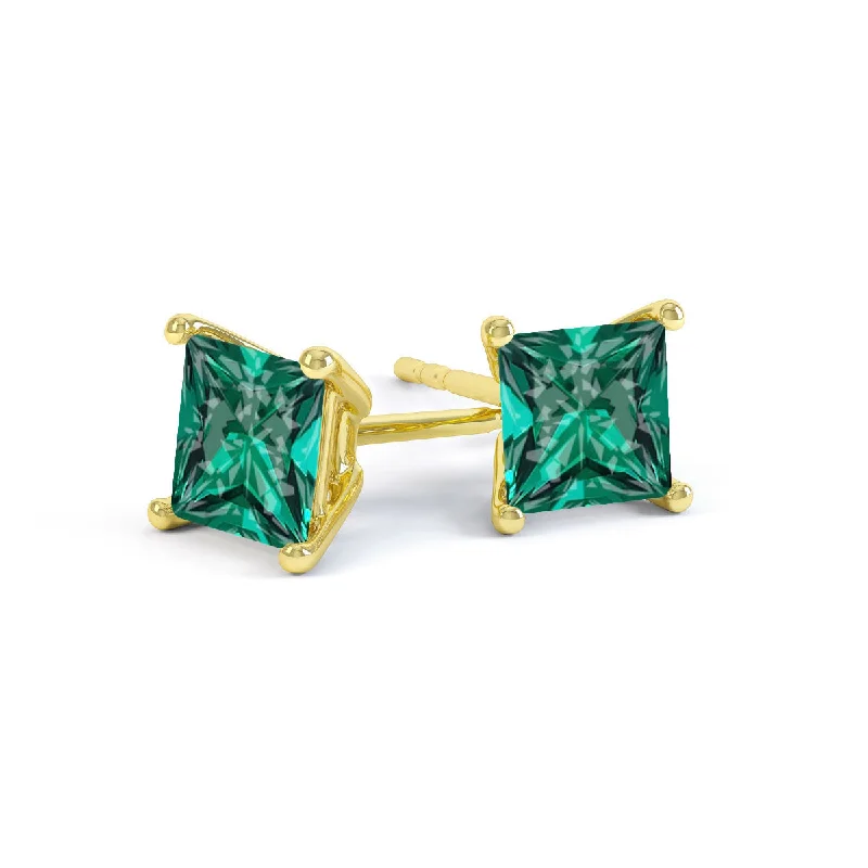 Crystal Stud Earrings for Sparkle -VALENTIA - Princess Emerald 18k Yellow Gold Stud Earrings