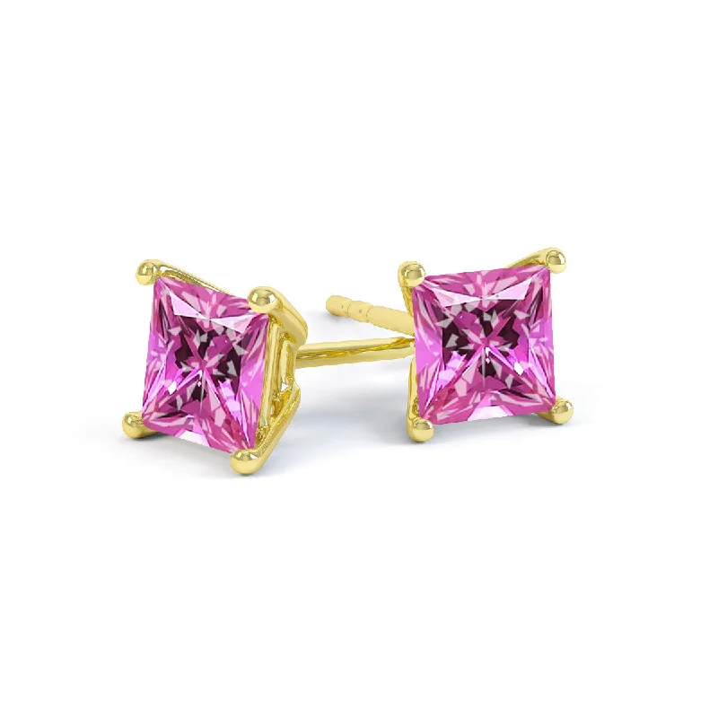 Stud Earrings with Knot Designs -VALENTIA - Princess Pink Sapphire 18k Yellow Gold Stud Earrings