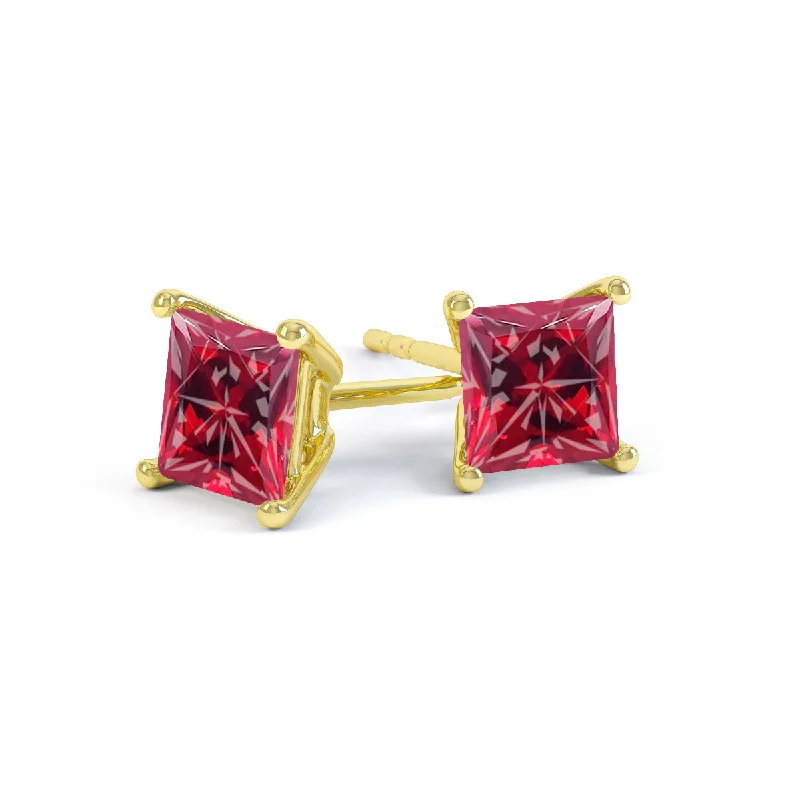 Silver Stud Earrings for Men -VALENTIA - Princess Ruby 18k Yellow Gold Stud Earrings