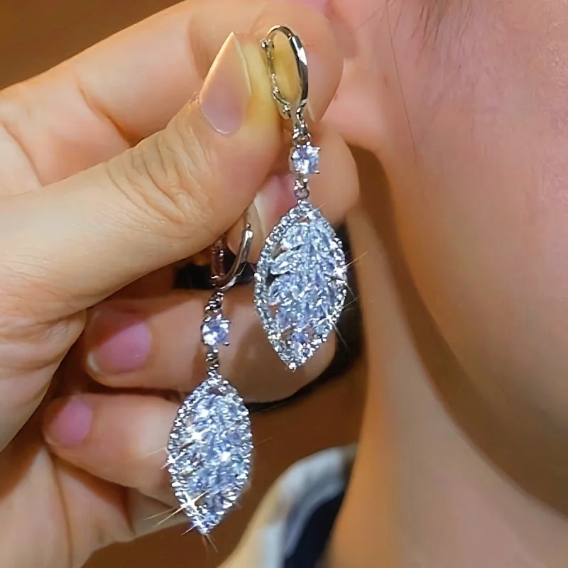 Drop Earrings for Concert Look -14K Gold-Plated Super-Shiny Zircon Inlaid With Diamond Leaf Earrings