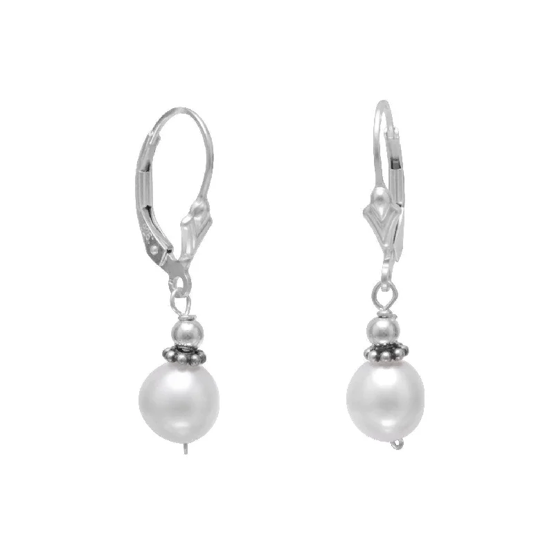 Drop Earrings for Office Wear -White Cultured Freshwater Pearl with Bali Bead Lever Earrings