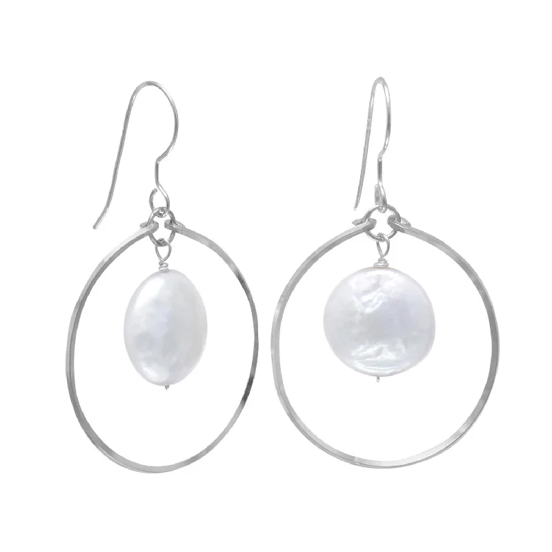 Drop Earrings for Yoga Session -Open Circle French Wire Earrings with Coin Pearl Drop